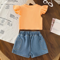 Girls Orange Pearl Embellished Top With Denim Shorts Set Sets