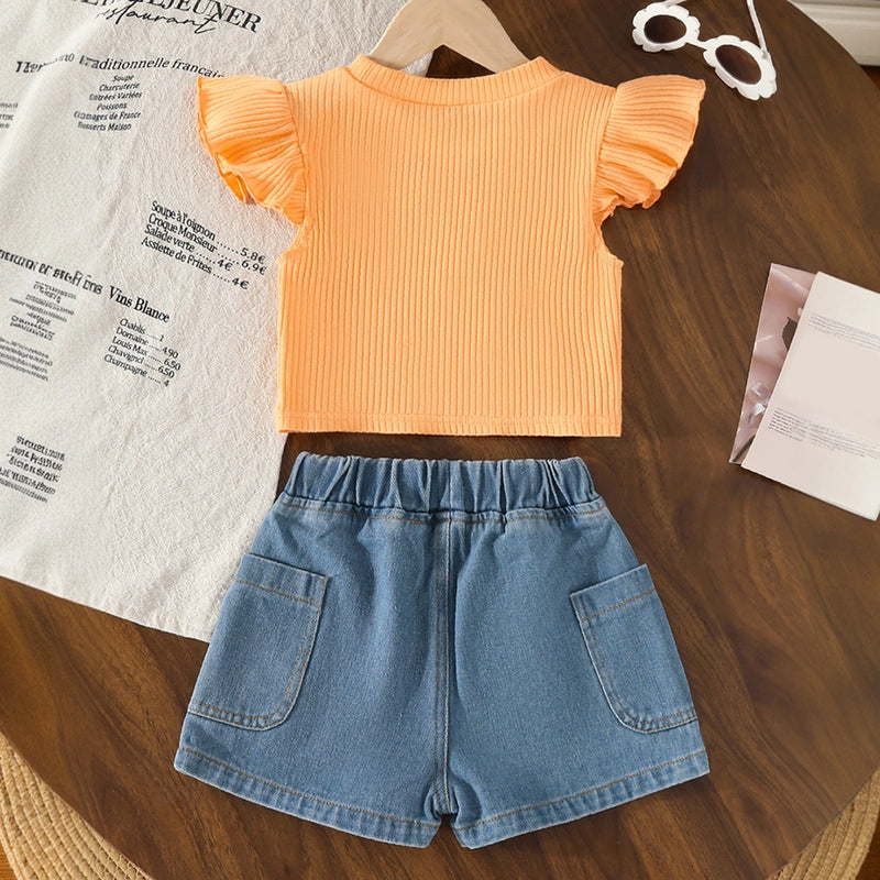 Girls Orange Pearl Embellished Top With Denim Shorts Set Sets