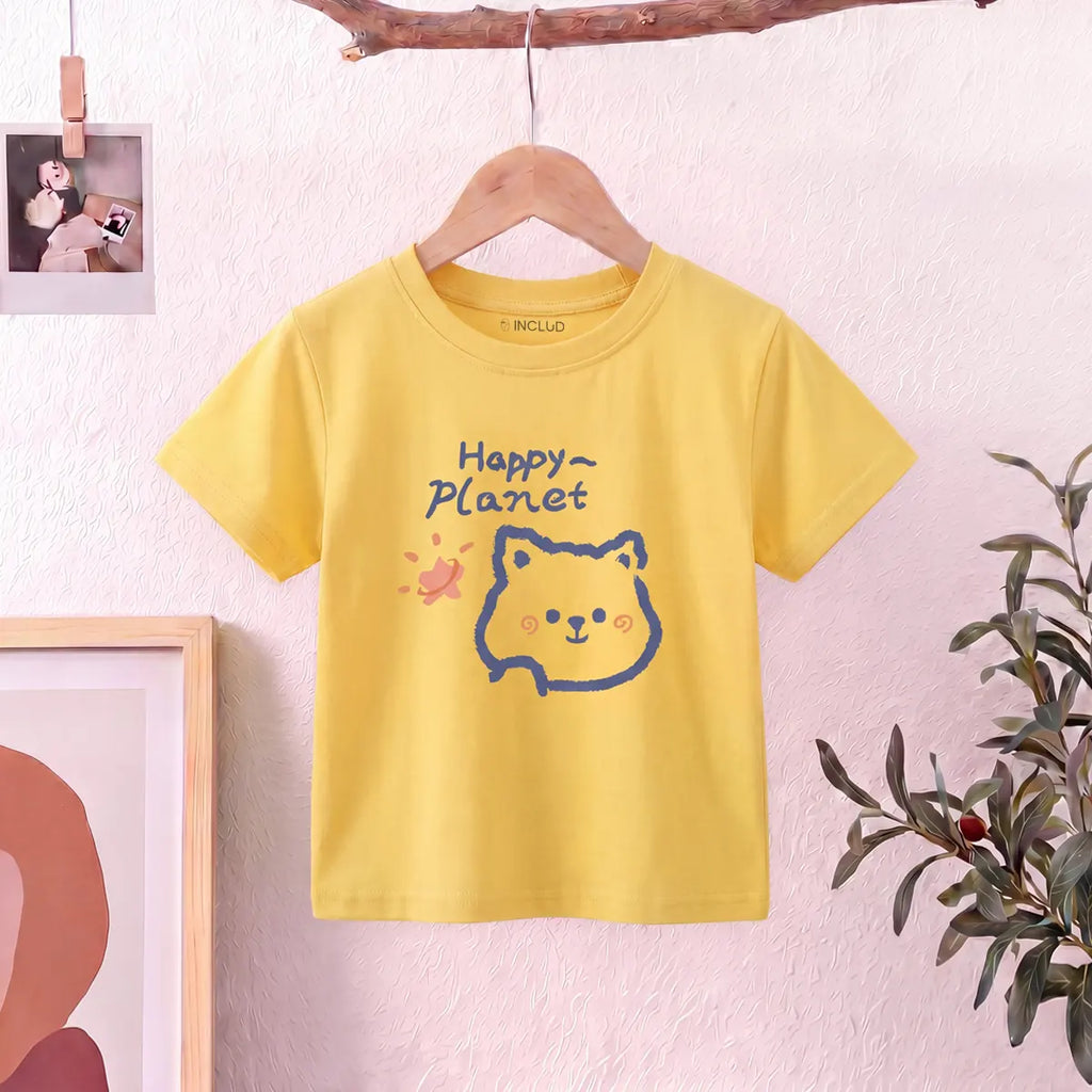Girls Yellow Happy Planet Typography Print Short Sleeve T-Shirt Tshirts Yellow 1-2 Y