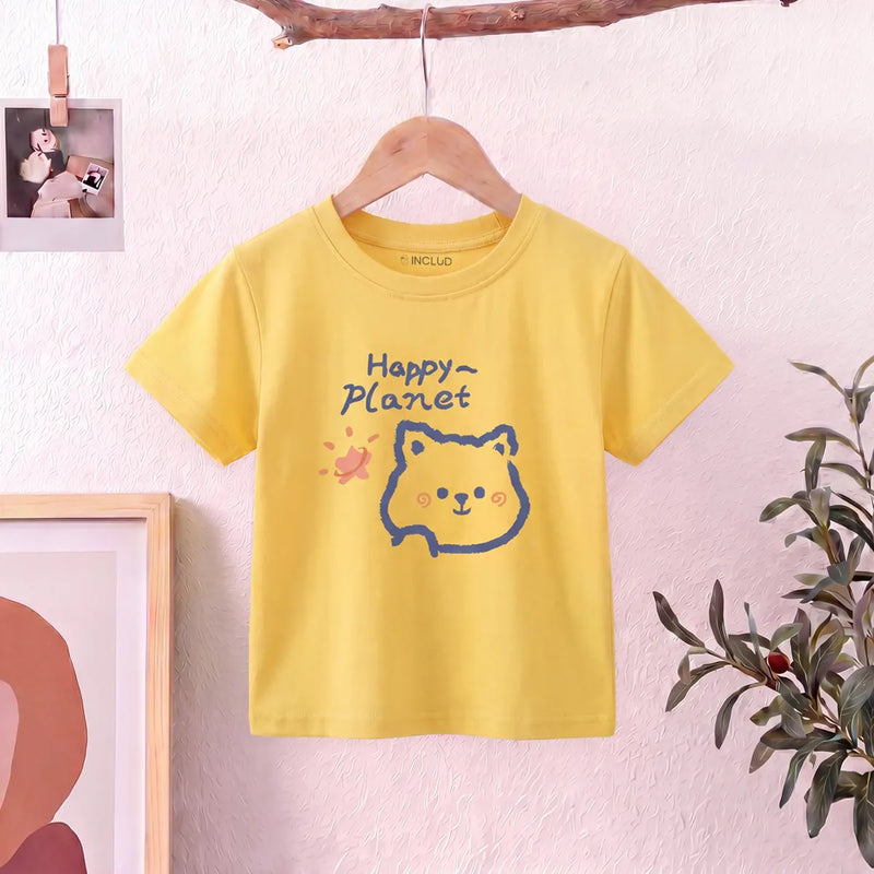 Girls Yellow Happy Planet Typography Print Short Sleeve T-Shirt Tshirts Yellow 1-2 Y