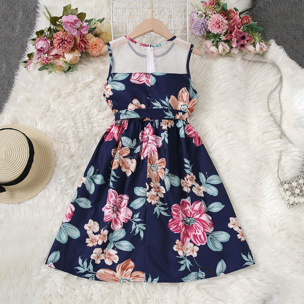 Girls Blue Floral Printed Sleeveless Net Yoke Dress Casual Dresses