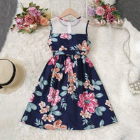 Girls Blue Floral Printed Sleeveless Net Yoke Dress Casual Dresses
