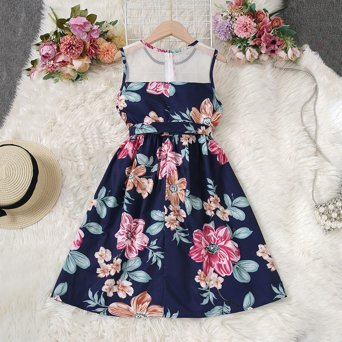 Girls Blue Floral Printed Sleeveless Net Yoke Dress Casual Dresses