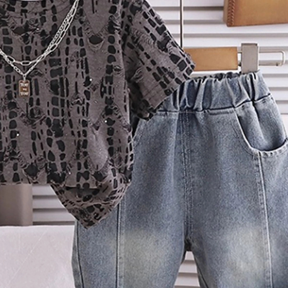 Boys Dark Grey Abstract Printed Short Sleeve T-Shirt With Denim Shorts Sets 2 pc. Sets