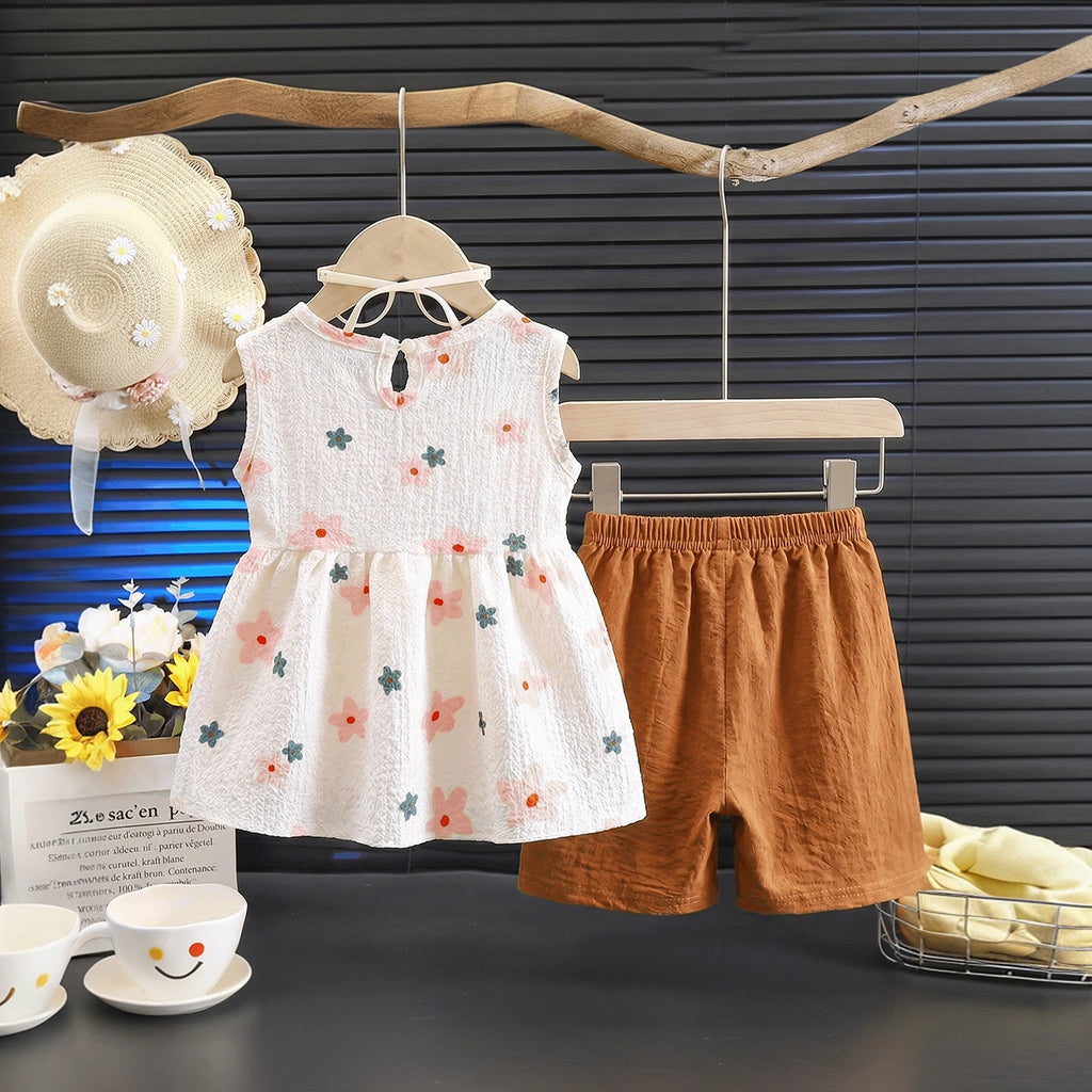 Girls White Floral Print Sleeveless Peplum Top With Shorts Sets 2 pc. Sets