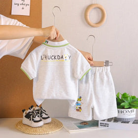 Boys Light Grey Animal Graphic Short Sleeve Polo T-Shirt With Elasticated Shorts Sets 2 pc. Sets