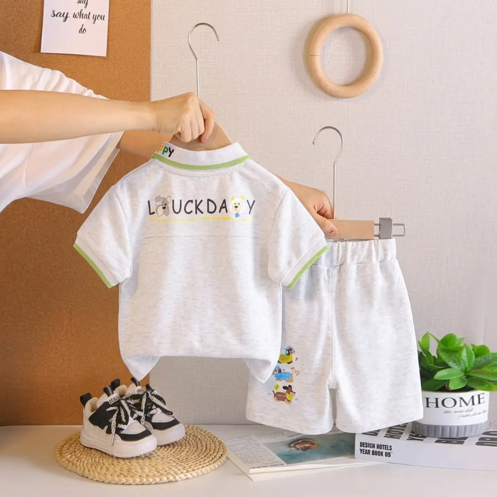 Boys Light Grey Animal Graphic Short Sleeve Polo T-Shirt With Elasticated Shorts Sets 2 pc. Sets