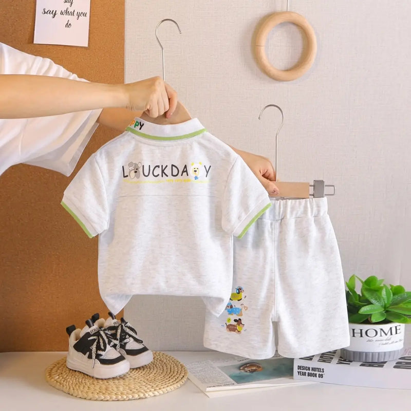 Boys Light Grey Animal Graphic Short Sleeve Polo T-Shirt With Elasticated Shorts Sets 2 pc. Sets