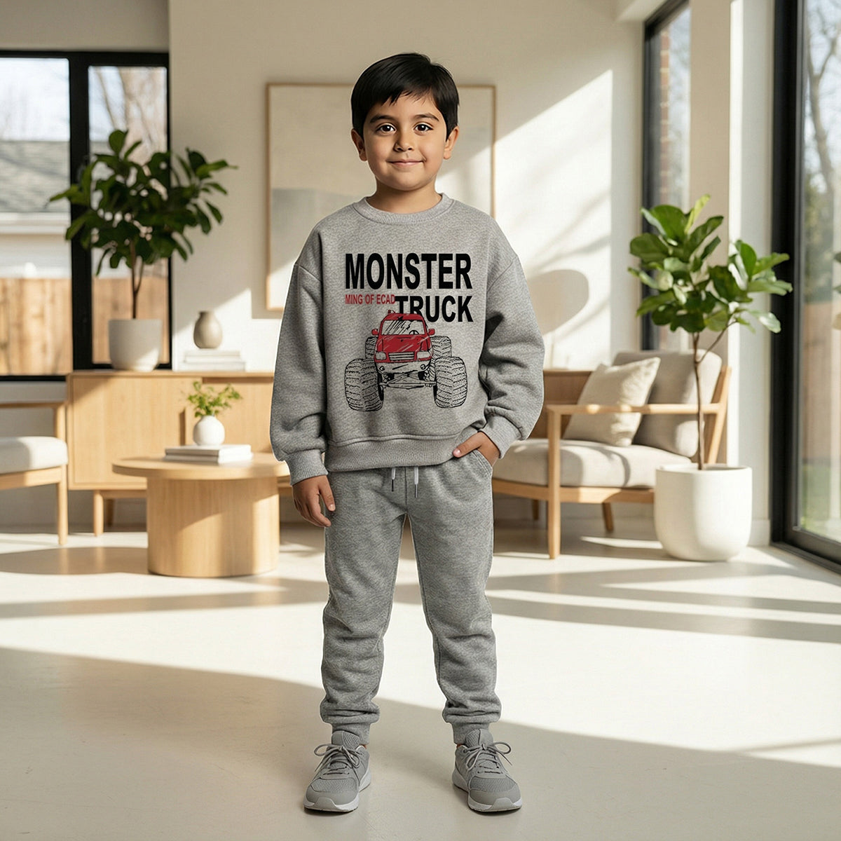 Boys Grey Monster Truck Graphics Round Neck Sweatshirt With Joggers Sets 2 pc. Sets Grey 5-6 Y
