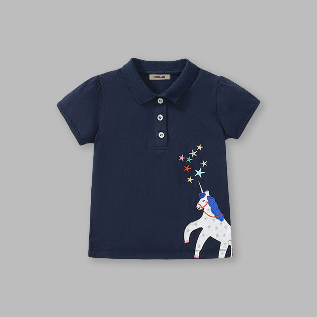 Girls Unicorn Embroidery Polo Neck T-Shirt Tshirts   