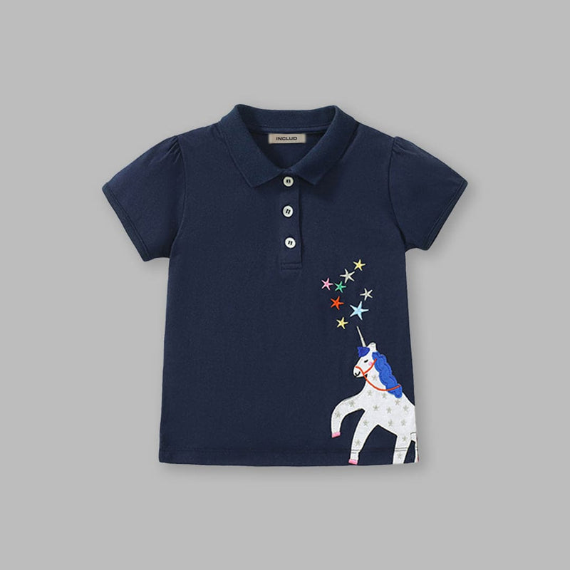 Girls Unicorn Embroidery Polo Neck T-Shirt Tshirts   