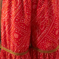 Girls Orange Bandhani Printed A-Line Kurta With Sharara And Dupatta Set Ethnicwear Girls