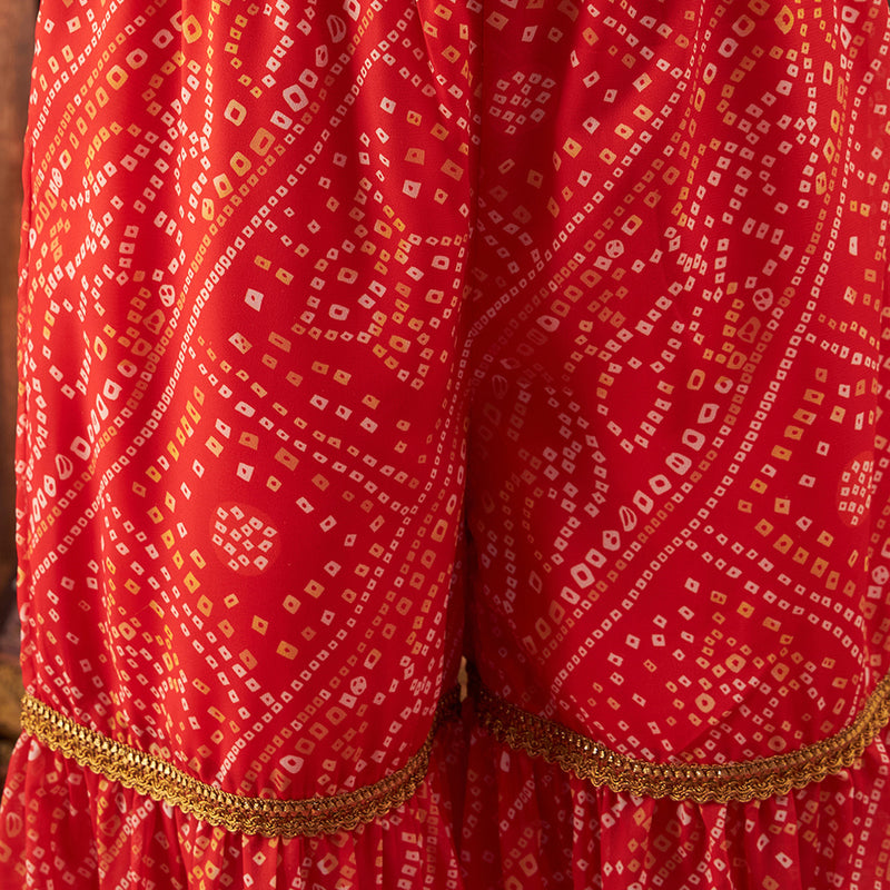 Girls Orange Bandhani Printed A-Line Kurta With Sharara And Dupatta Set Ethnicwear Girls