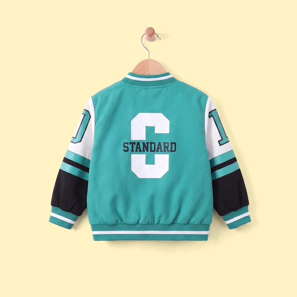 Boys Green Printed Front Open Varsity Bomber Jacket Coats & Jackets