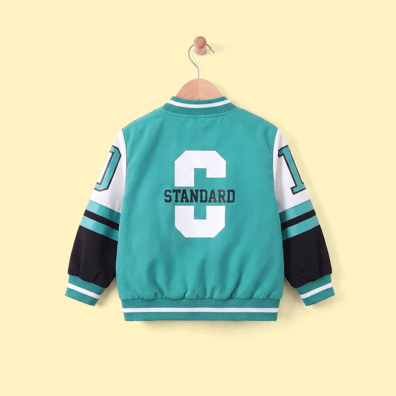 Boys Green Printed Front Open Varsity Bomber Jacket Coats & Jackets