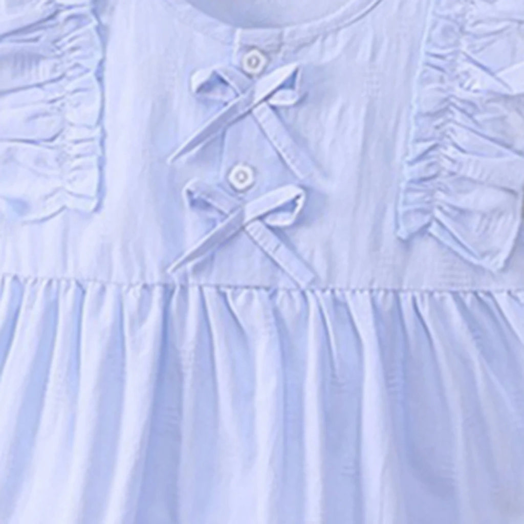Girls Light Blue Self Design Top With Pleated Denim Shorts Set Sets