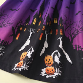 Girls Purple Halloween Pumpkin Print Dress with Hooded Cape Casual Dresses