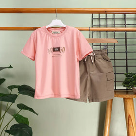 Boys Peach Typographic Printed T-Shirt With Cargo Shorts Sets Sets Peach 0-1 Y