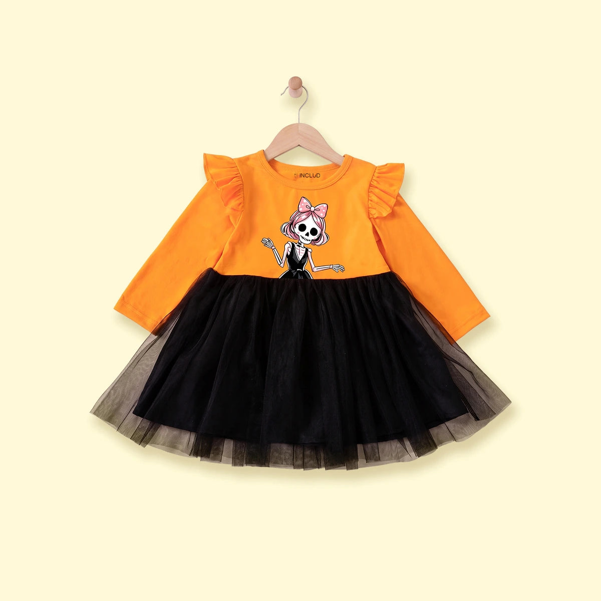 Girls Orange Skeleton Print Fit & Flare Dress Casual Dresses Orange 1-2 Y