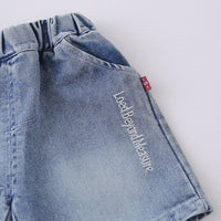 Boys Blue Typographic Print Short Sleeves T-Shirt With Denim Shorts Set Sets