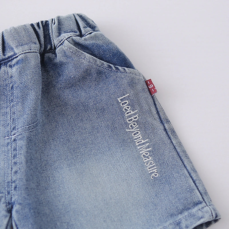 Boys Blue Typographic Print Short Sleeves T-Shirt With Denim Shorts Set Sets