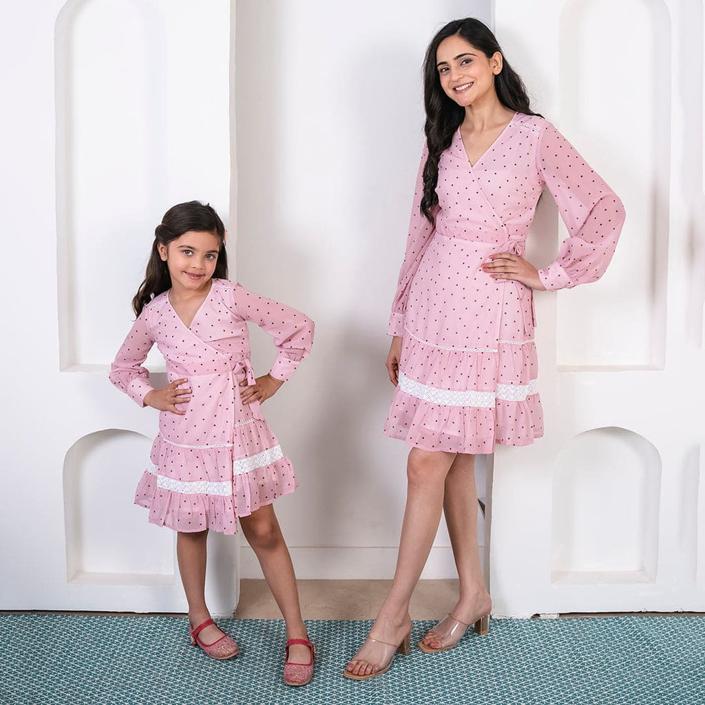 Pink Polka Dot Print Mom & Daughter Wrap Around Dress Set