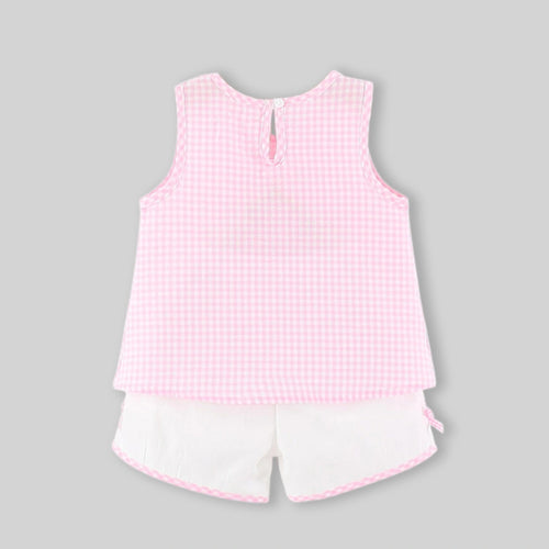 Girls Pink Checked A-line Top With Shorts Sets Sets