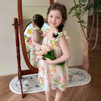 Girls Multicolor Floral Print Sleeveless Dress with Bow Straps Casual Dresses