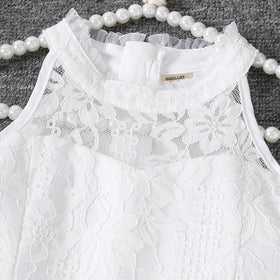 Girls White Halter Neck Embroidered Fabric Dress Casual Dresses