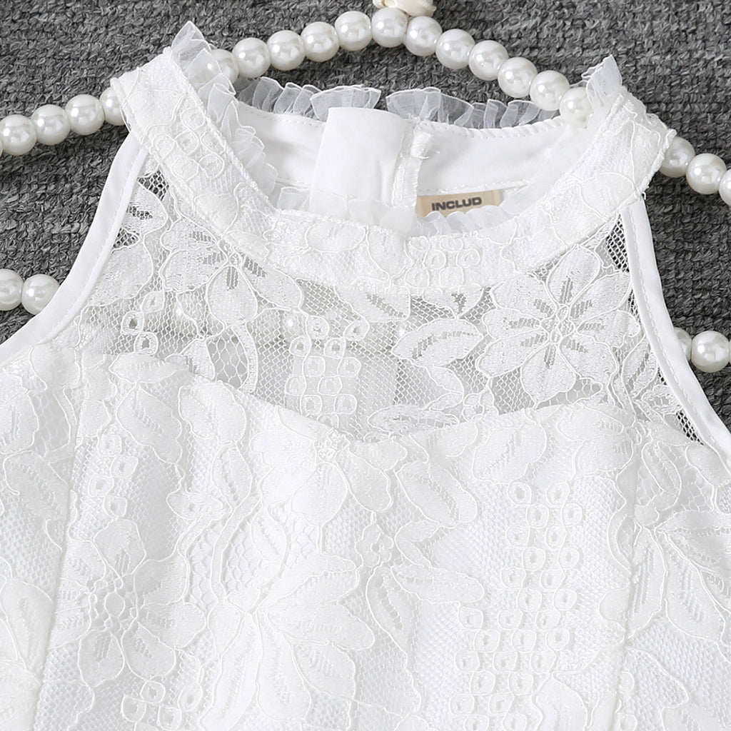 Girls White Halter Neck Embroidered Fabric Dress Casual Dresses