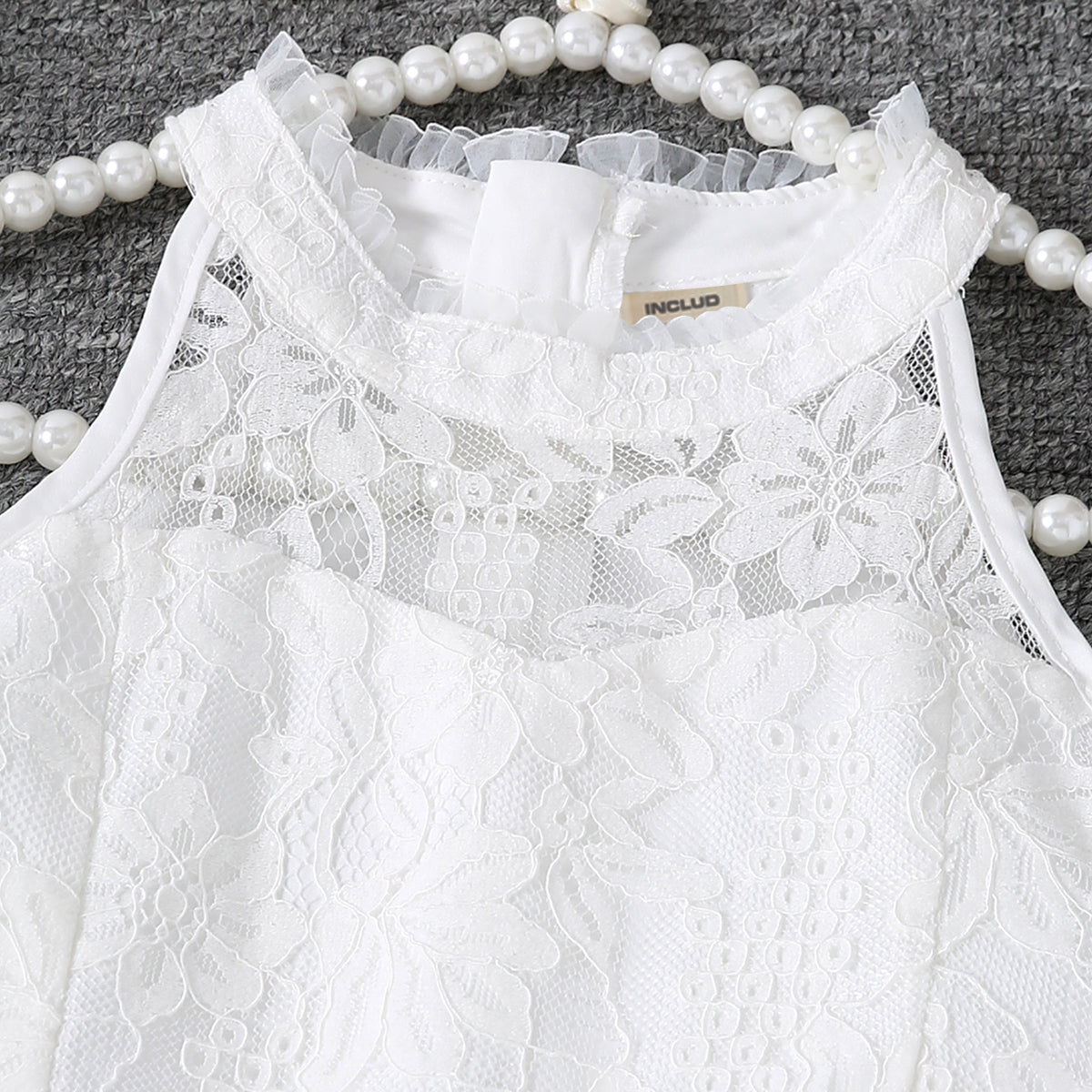 Girls White Halter Neck Embroidered Fabric Dress Casual Dresses