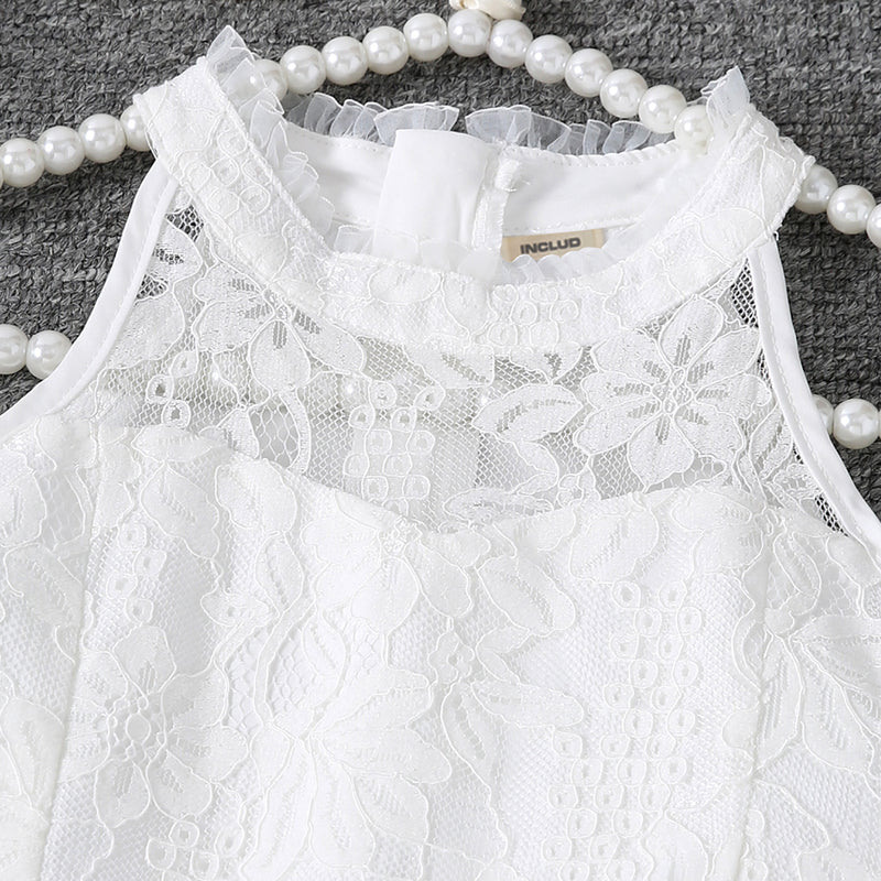Girls White Halter Neck Embroidered Fabric Dress Casual Dresses
