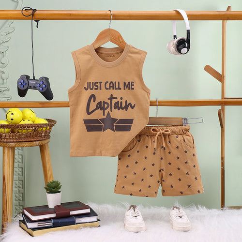 Boys Light Brown Captain Typography Vest With Drawstring Shorts Sets Sets Light Brown 6-12 M