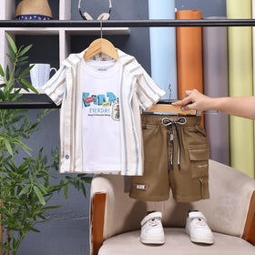 Boys Brown Striped Short Sleeves Shirt With Graphic T-Shirt And Shorts Sets Sets Brown 1-2 Y