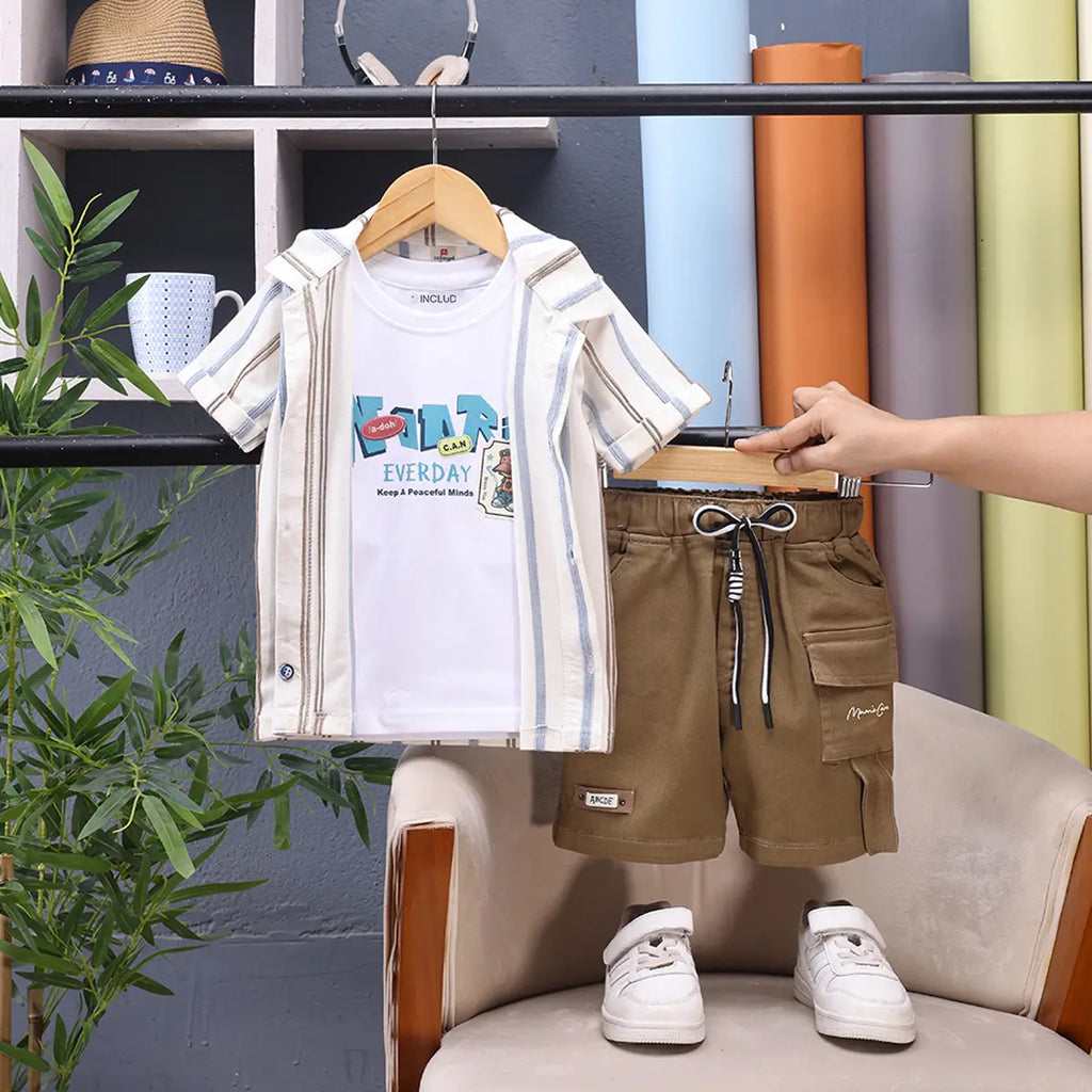 Boys Brown Striped Short Sleeves Shirt With Graphic T-Shirt And Shorts Sets Sets Brown 1-2 Y