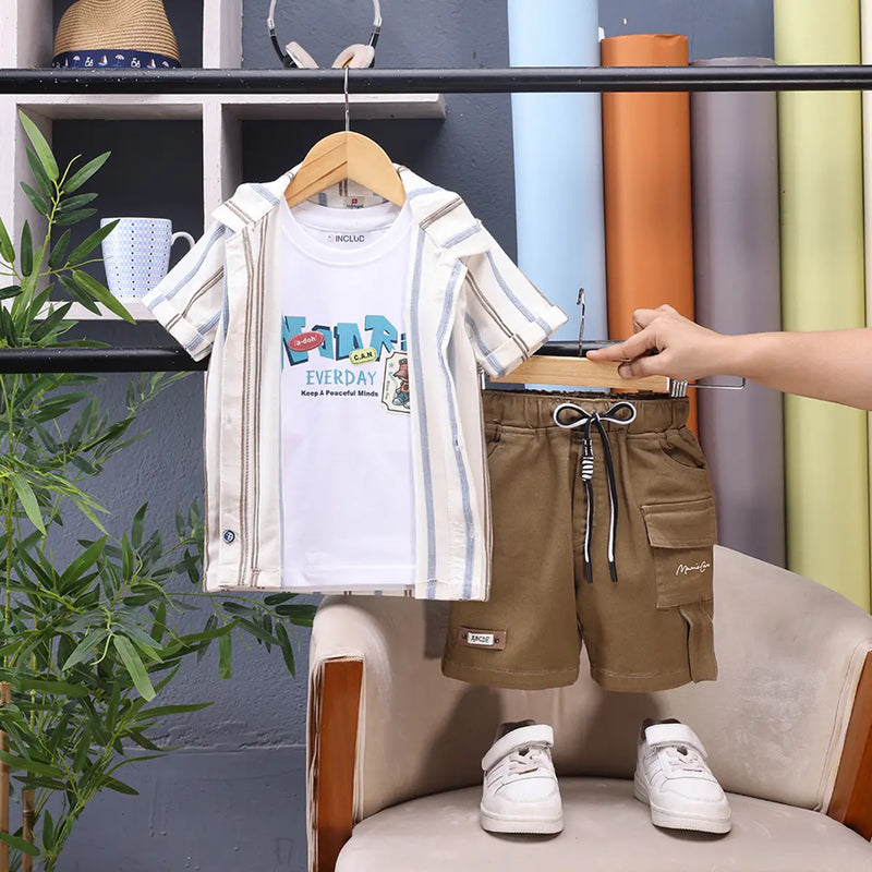Boys Brown Striped Short Sleeves Shirt With Graphic T-Shirt And Shorts Sets Sets Brown 1-2 Y