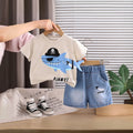 Boys Beige Shark Pirate Graphic Short Sleeve T-Shirt With Denim Shorts Sets 2 pc. Sets Beige 1-2 Y