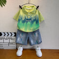 Boys Green Typography Print Short Sleeve Polo T-Shirt With Denim Shorts Sets 2 pc. Sets Green 1-2 Y