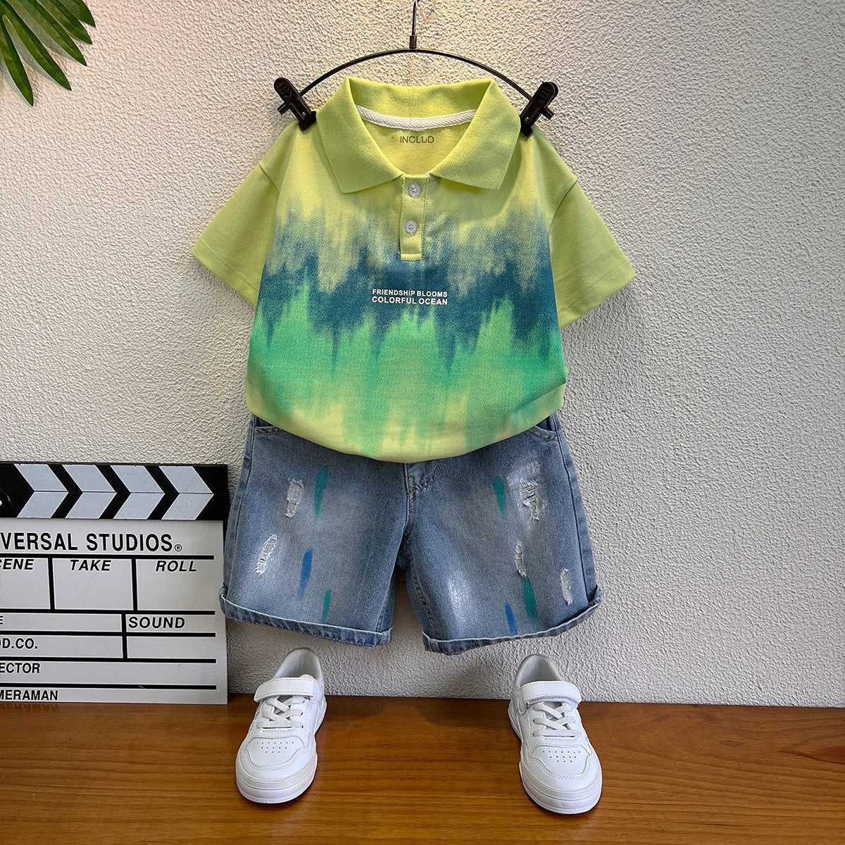 Boys Green Typography Print Short Sleeve Polo T-Shirt With Denim Shorts Sets 2 pc. Sets Green 1-2 Y