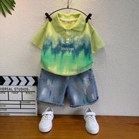 Boys Green Typography Print Short Sleeve Polo T-Shirt With Denim Shorts Sets 2 pc. Sets Green 1-2 Y