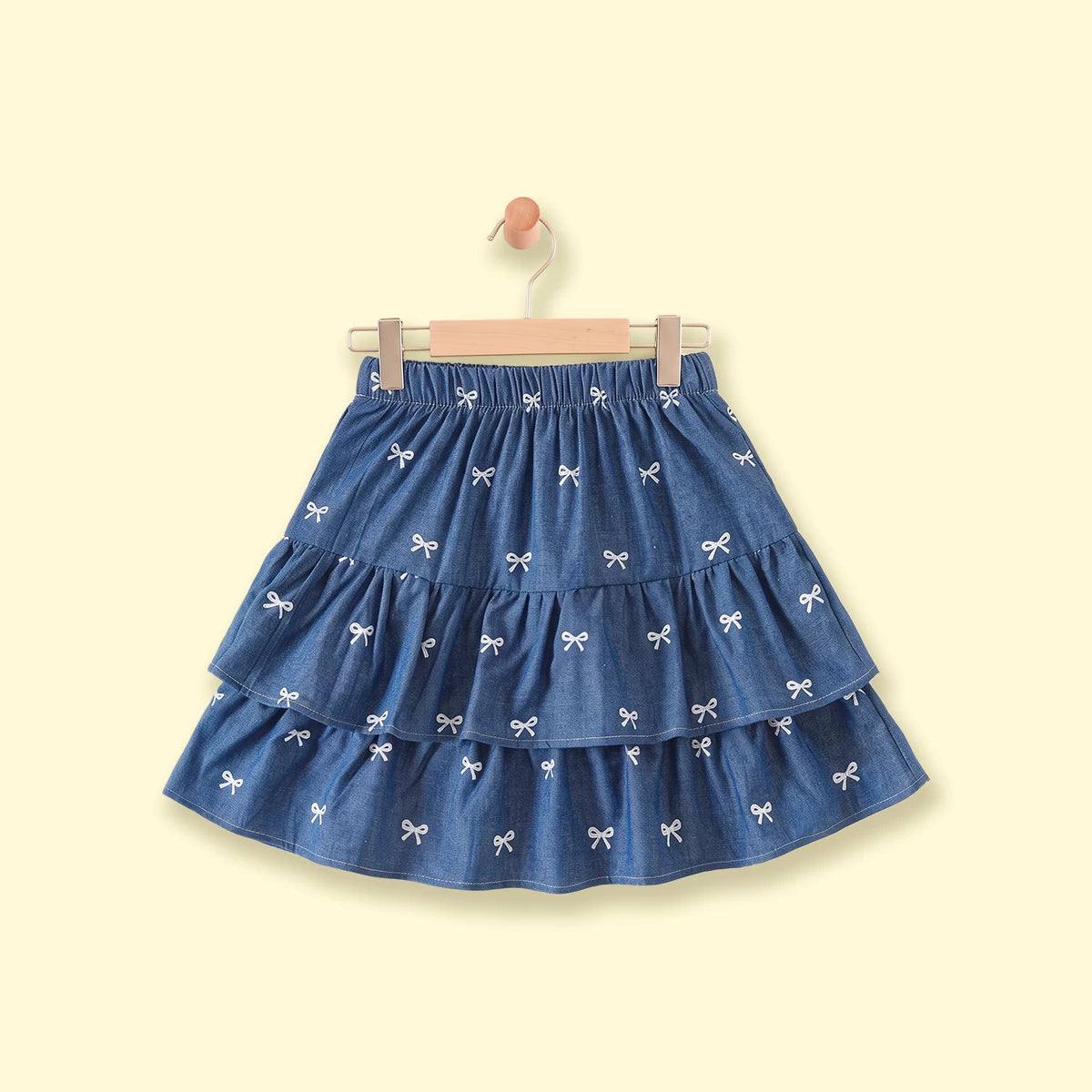 Girls Blue Bow Print Elasticated Tiered Skirt Skirts