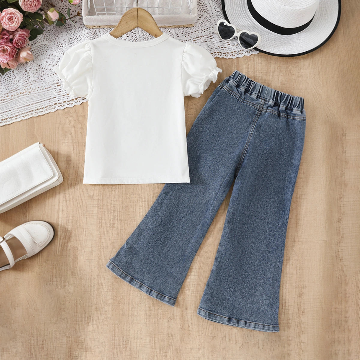 Girls White Heart Printed Top With Embroidered Denim Pants Set Sets