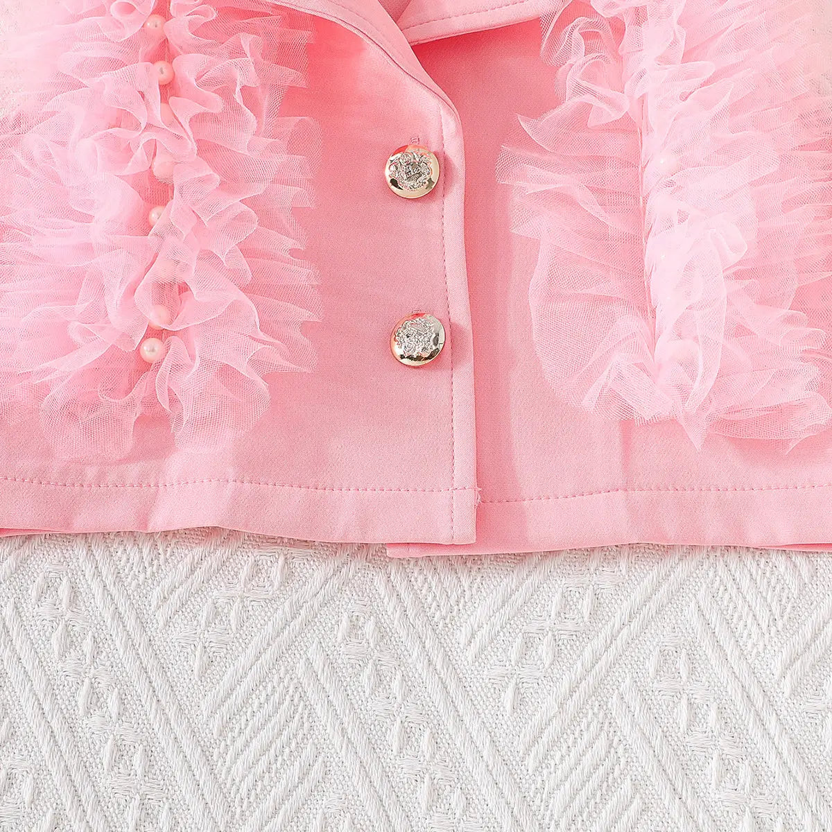 Girls Pink Embellished Ruffled Blazer Vest With Pleated Skirt & Camisole Top Sets Sets