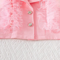 Girls Pink Embellished Ruffled Blazer Vest With Pleated Skirt & Camisole Top Sets Sets