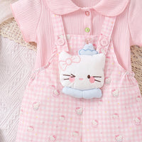 Girls Light Pink Checked Short Sleeve Top With Dungaree Sets 2 pc. Sets