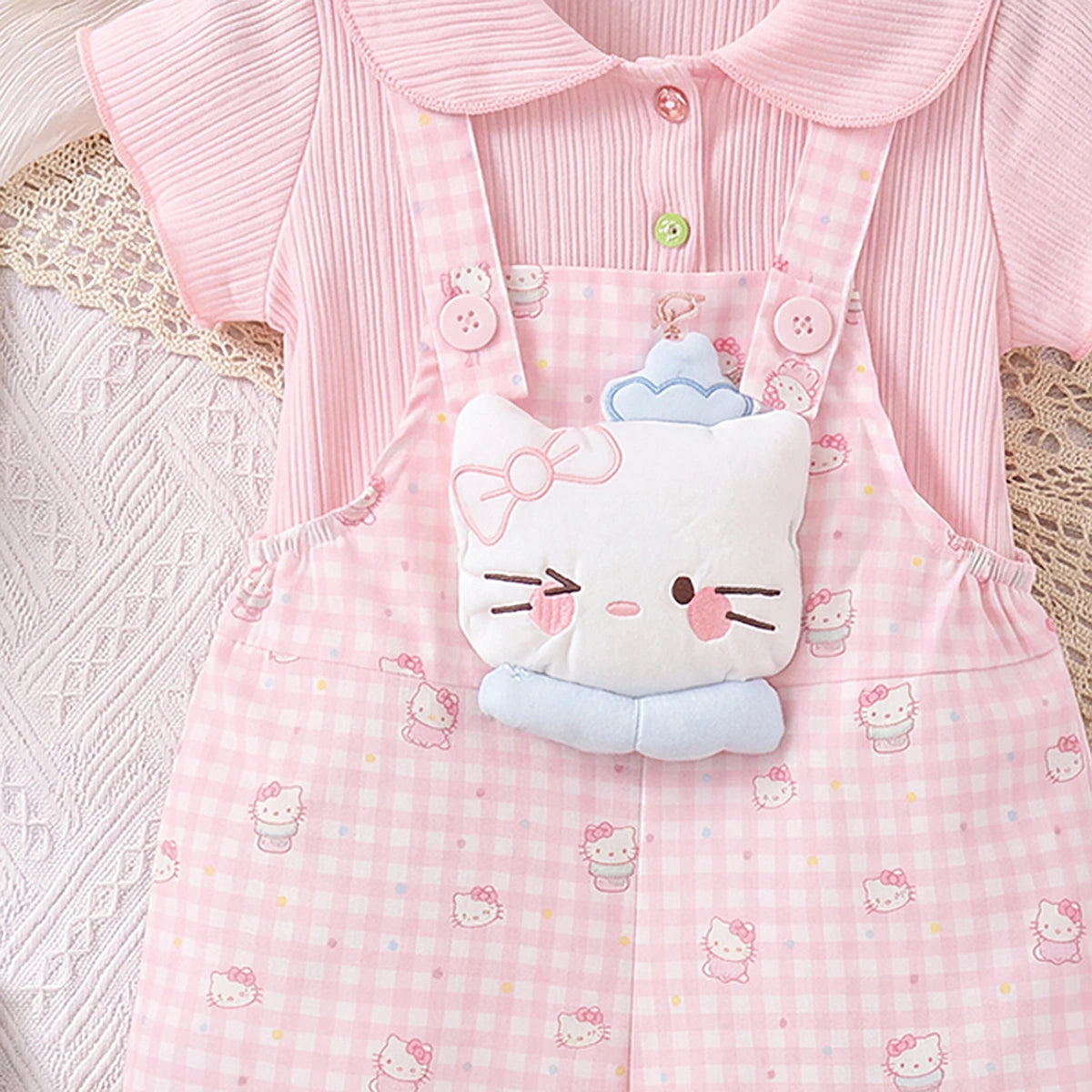 Girls Light Pink Checked Short Sleeve Top With Dungaree Sets 2 pc. Sets