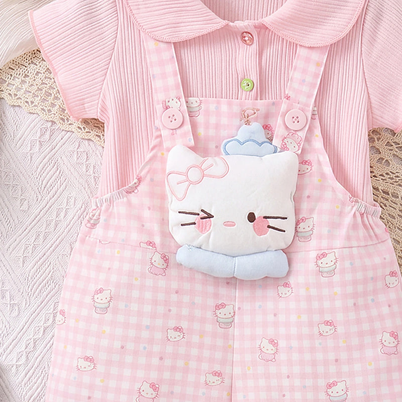 Girls Light Pink Checked Short Sleeve Top With Dungaree Sets 2 pc. Sets