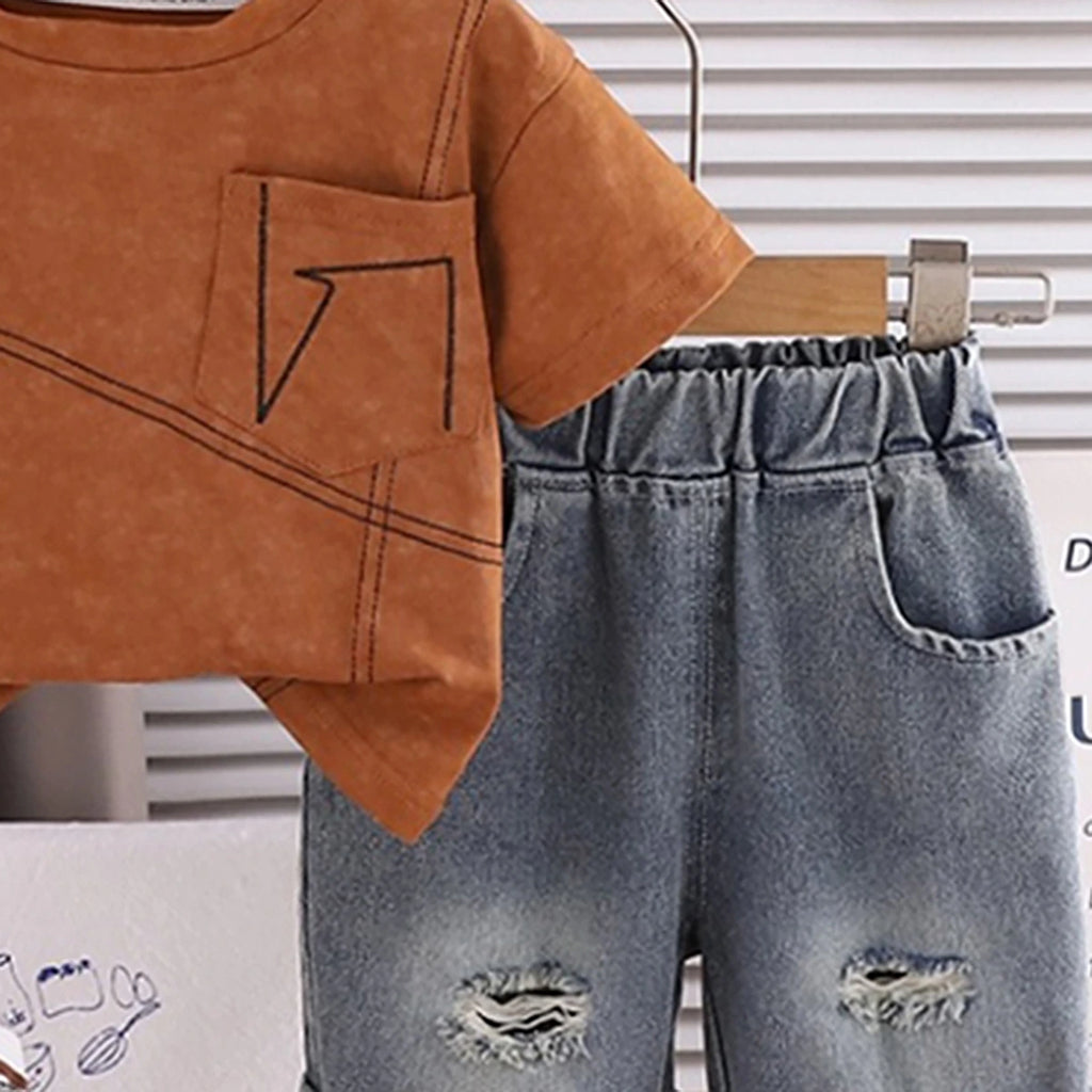 Boys Brown Graphic Printed Short Sleeve T-Shirt With Distressed Denim Shorts Sets 2 pc. Sets