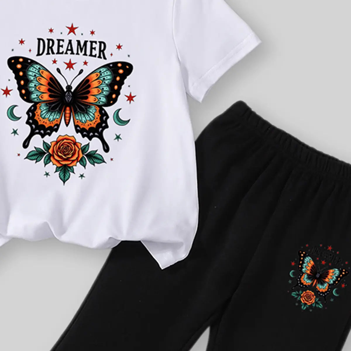 Girls White Butterfly Printed Short Sleeves T-Shirt With Wide-leg Pants Sets Sets