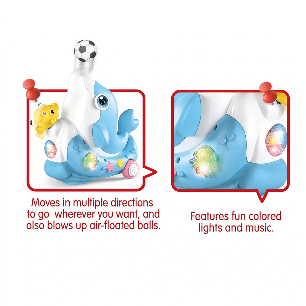 A blue dolphin-shaped musical toy that blows air to float a small soccer ball